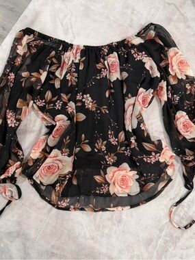 American Eagle Outfitters Black Off-Shoulder Blouse with Pink Rose Print